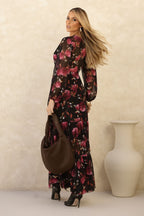 Vestido Frysaide Preto Floral Decote V Longo